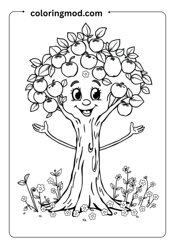 A cartoon-style tree with a face and arms, surrounded by apples and small flowers, all outlined