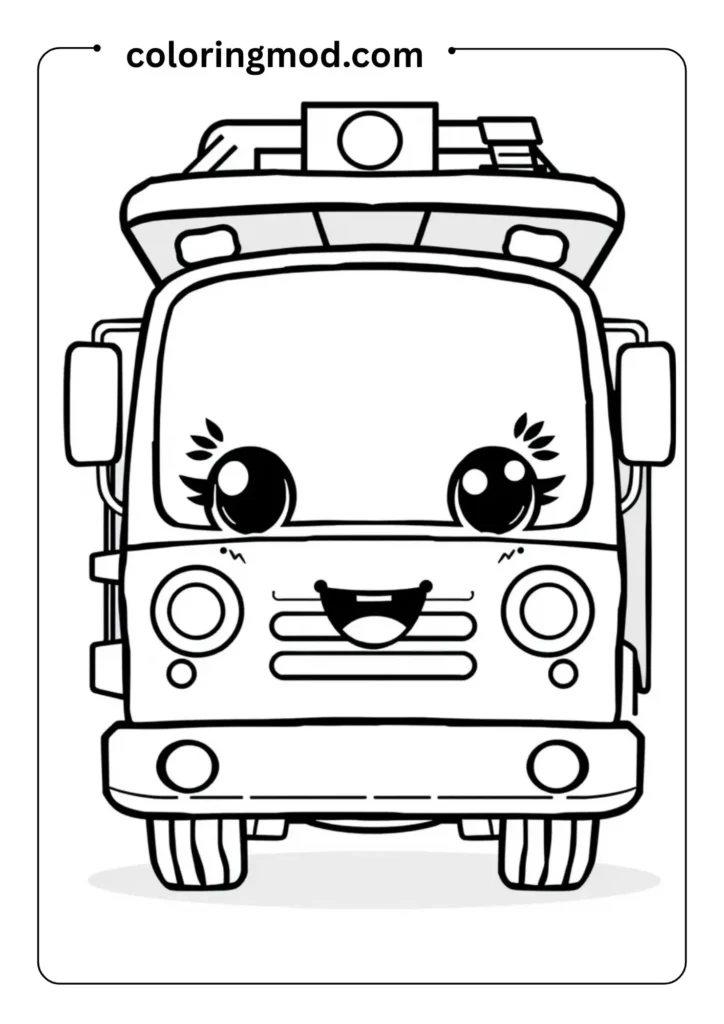 A cheerful fire truck with a ladder and flashing light, outlined in easy-to-color bold lines