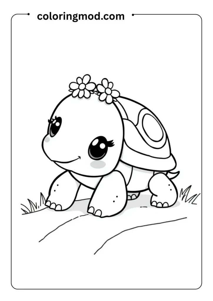 A cheerful turtle with a decorated shell, wearing a small flower crown