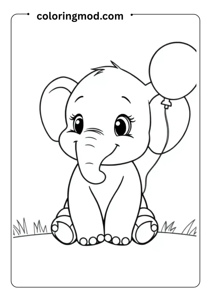 A chubby baby elephant sitting and holding a balloon with its trunk,