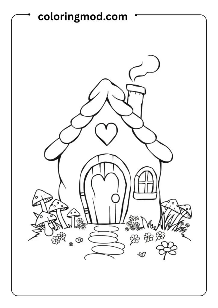 A cottage with a heart-shaped door, smoke coming from the chimney,