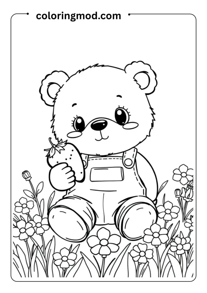 A cozy bear wearing overalls, sitting in a field of flowers, holding a strawberry — outline only, coloring page style