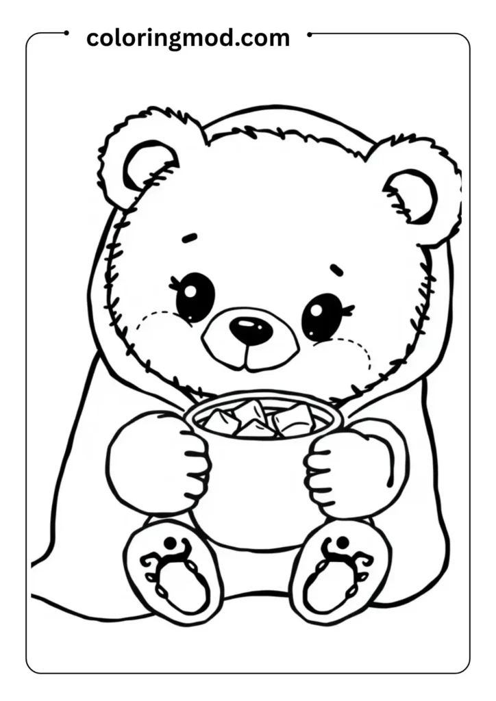 A cozy cartoon bear under a blanket drinking hot cocoa with marshmallows,