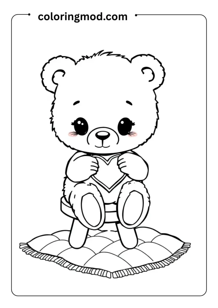 A cuddly bear sitting on a stool, stitching a heart-shaped patch onto a cozy quilt