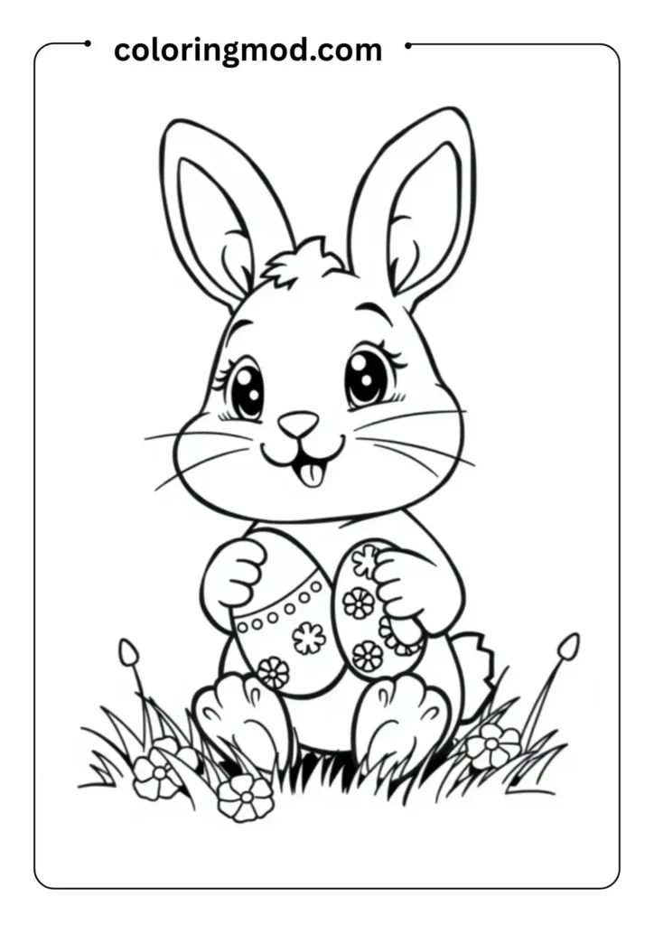 A cute Easter bunny holding decorated eggs, simple outlines, cartoon style, no background, kids’ coloring page