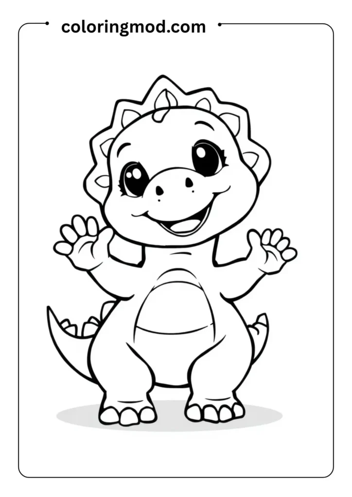 A cute baby dinosaur waving hello, cartoon line art, large shapes, easy for preschoolers to color