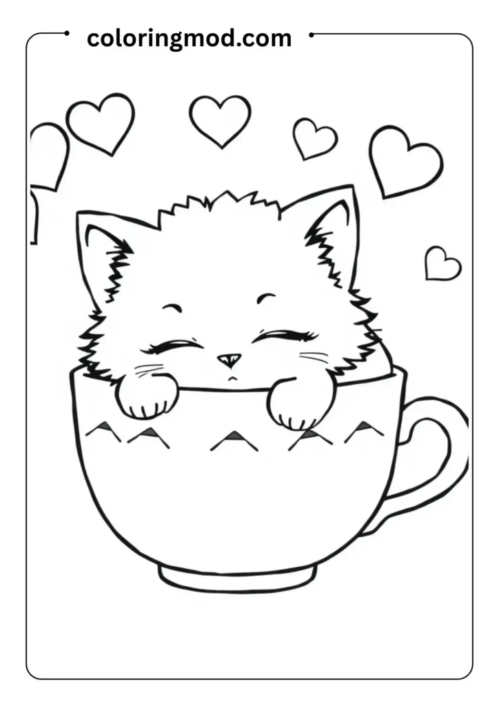 A fluffy kitten sleeping in a teacup with hearts floating above, minimal background,