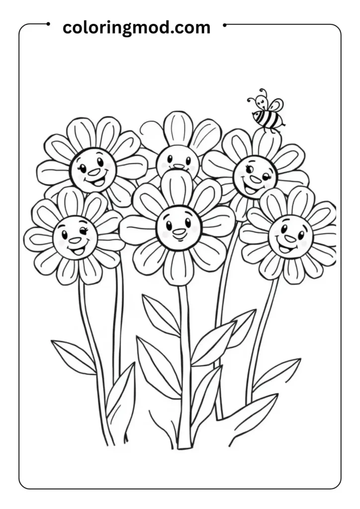A garden of five happy flowers with smiling faces and buzzing bees, outlined for a fun