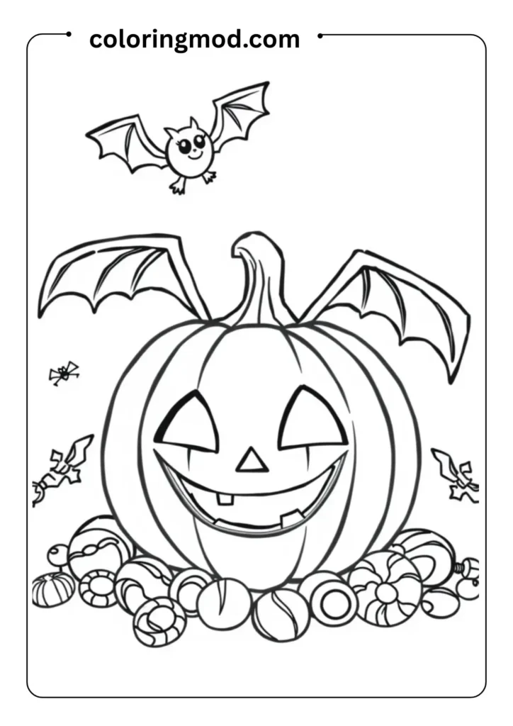 A happy jack-o’-lantern with candy around it, a bat flying above, outlined in a playful Halloween theme for coloring