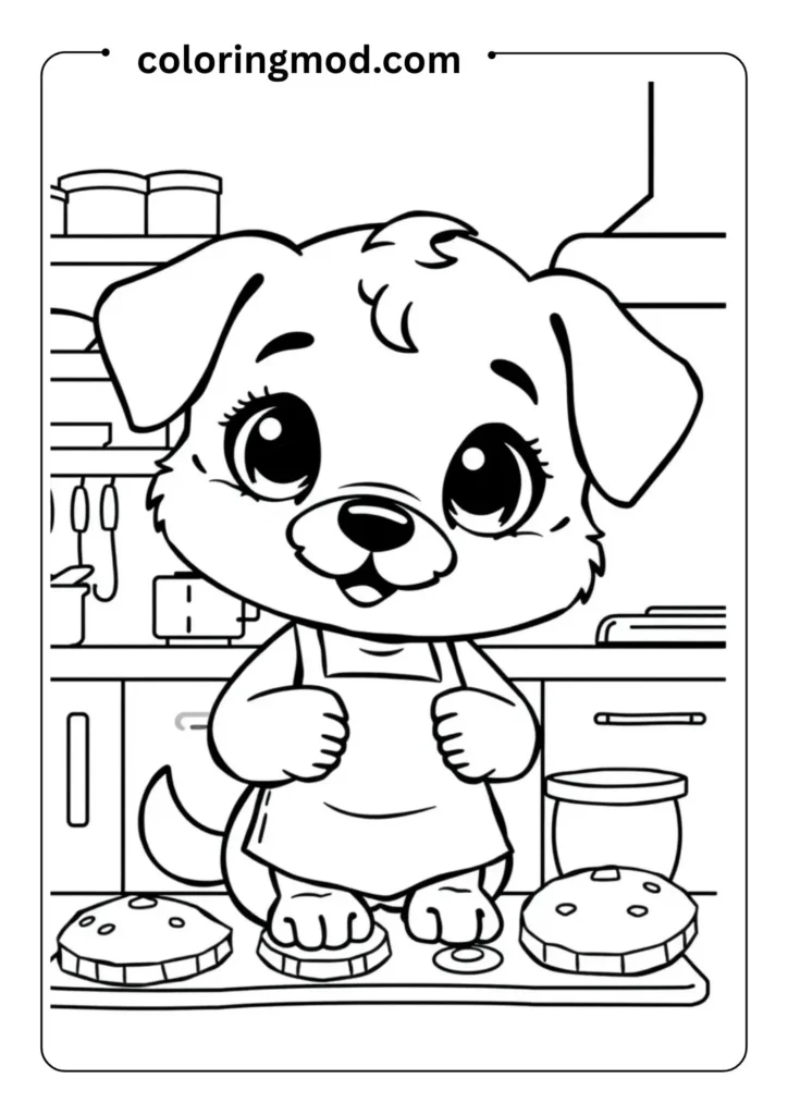 A small kitchen scene with a puppy baking cookies wearing an apron