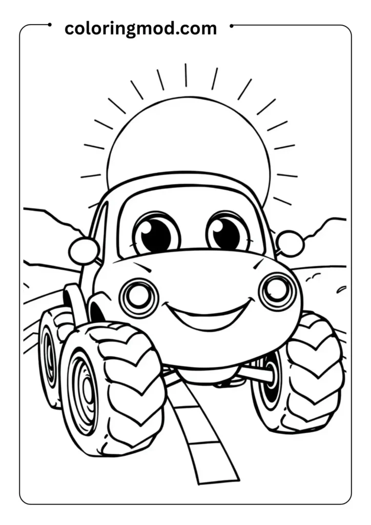 A smiling cartoon-style car with big wheels and eyes for headlights,