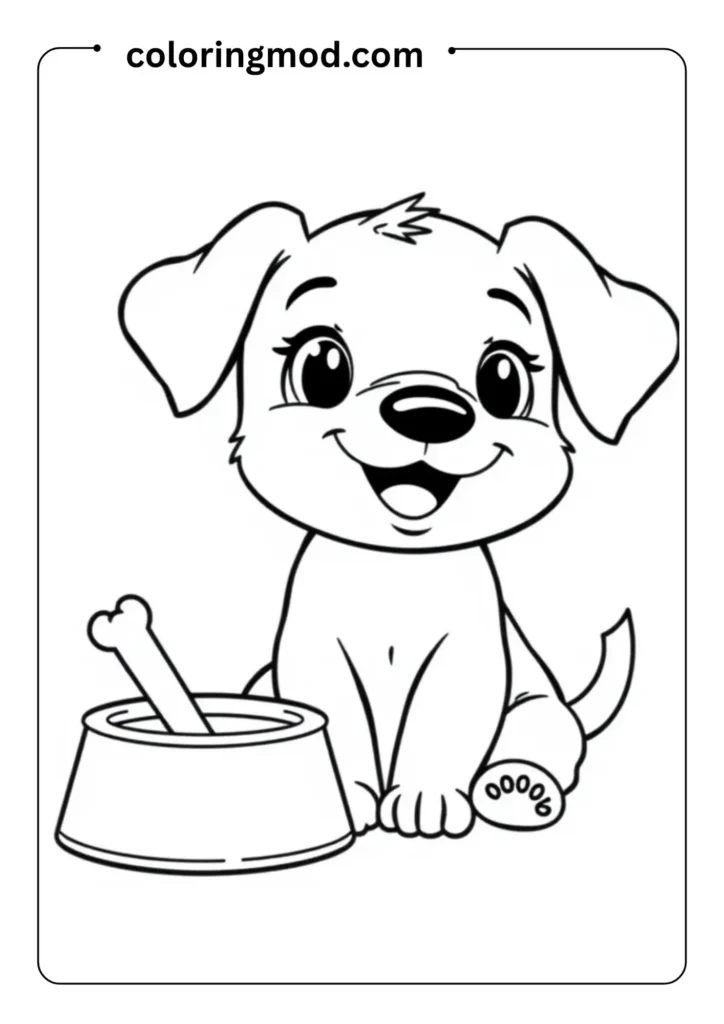 A smiling puppy with floppy ears and a wagging tail, sitting with a food bowl