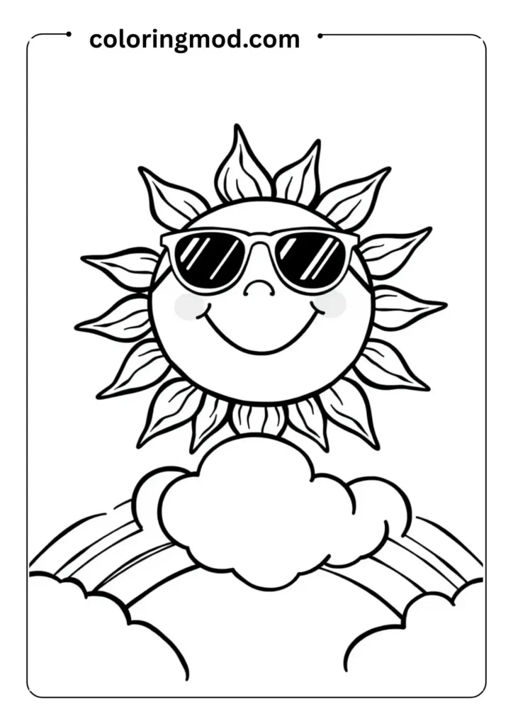A smiling sun wearing sunglasses above a rainbow and cloud scene,