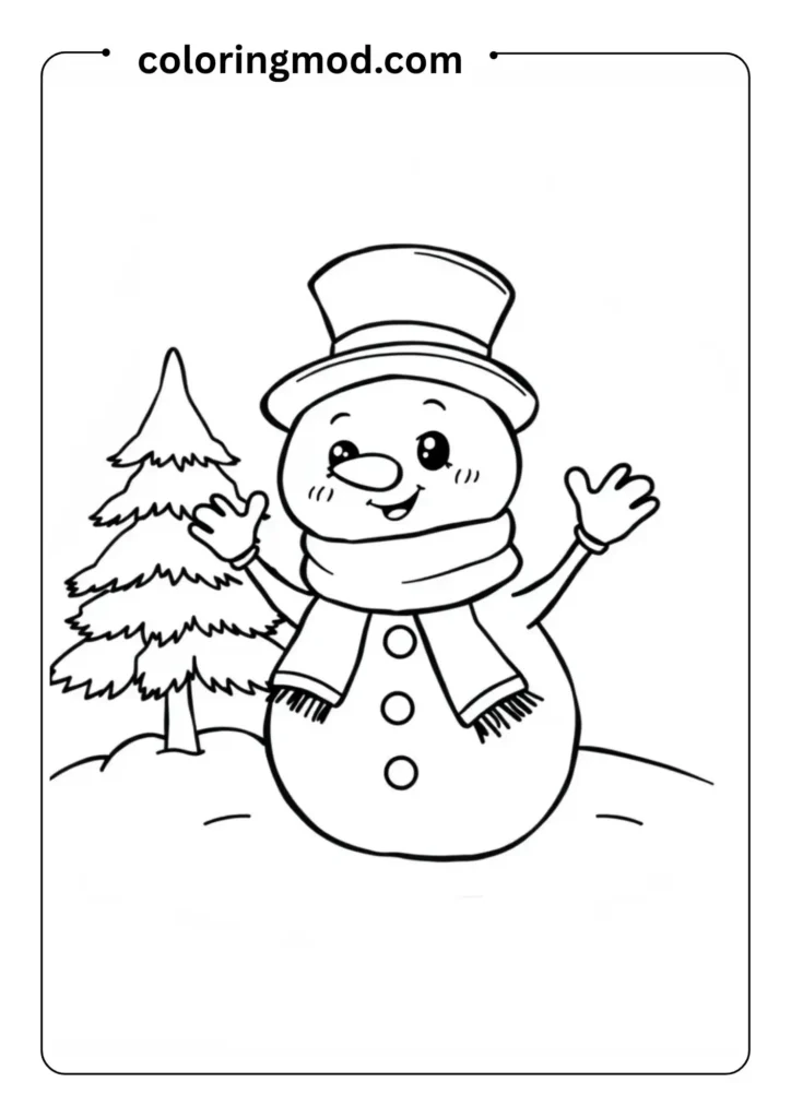 A snowman with a scarf and top hat, waving next to a snowy pine tree,