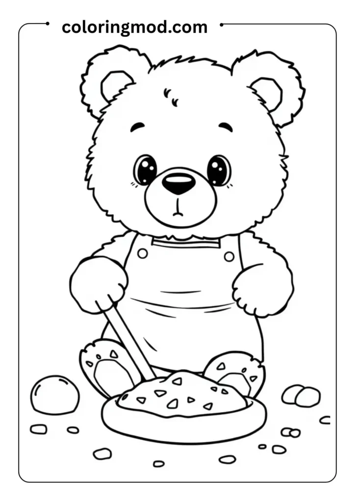 A teddy bear wearing an apron, mixing cookie dough with baking ingredients scattered around