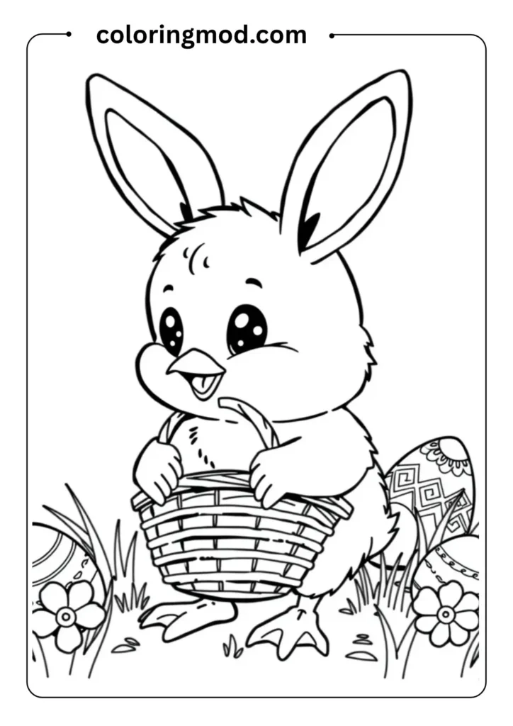 Baby chick with bunny ears holding an Easter basket, with decorated eggs in the background