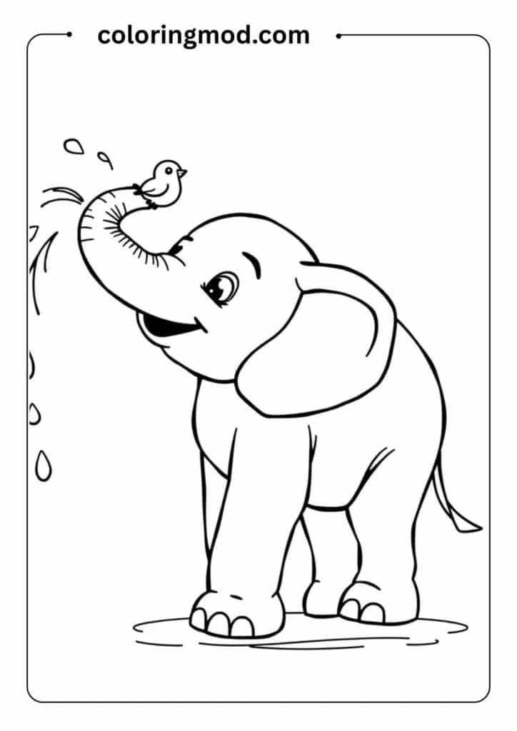 Baby elephant spraying water from its trunk, with a tiny bird sitting on its back, outlined and easy to color