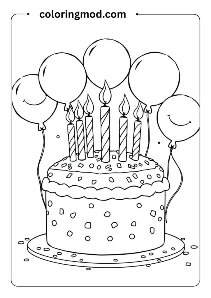Birthday cake with candles and confetti, smiling balloons in the background, outlined for kids to color