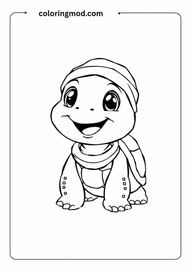 Black-and-white line art of a happy turtle wearing a tiny flower hat,