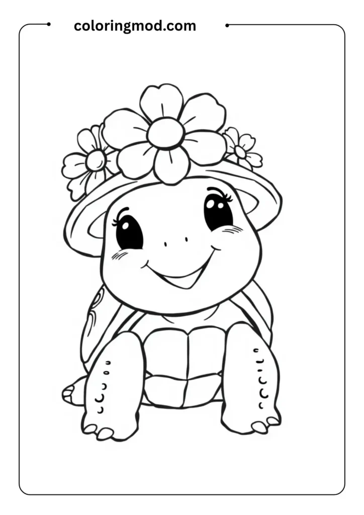 Black-and-white line art of a happy turtle wearing a tiny flower hat,