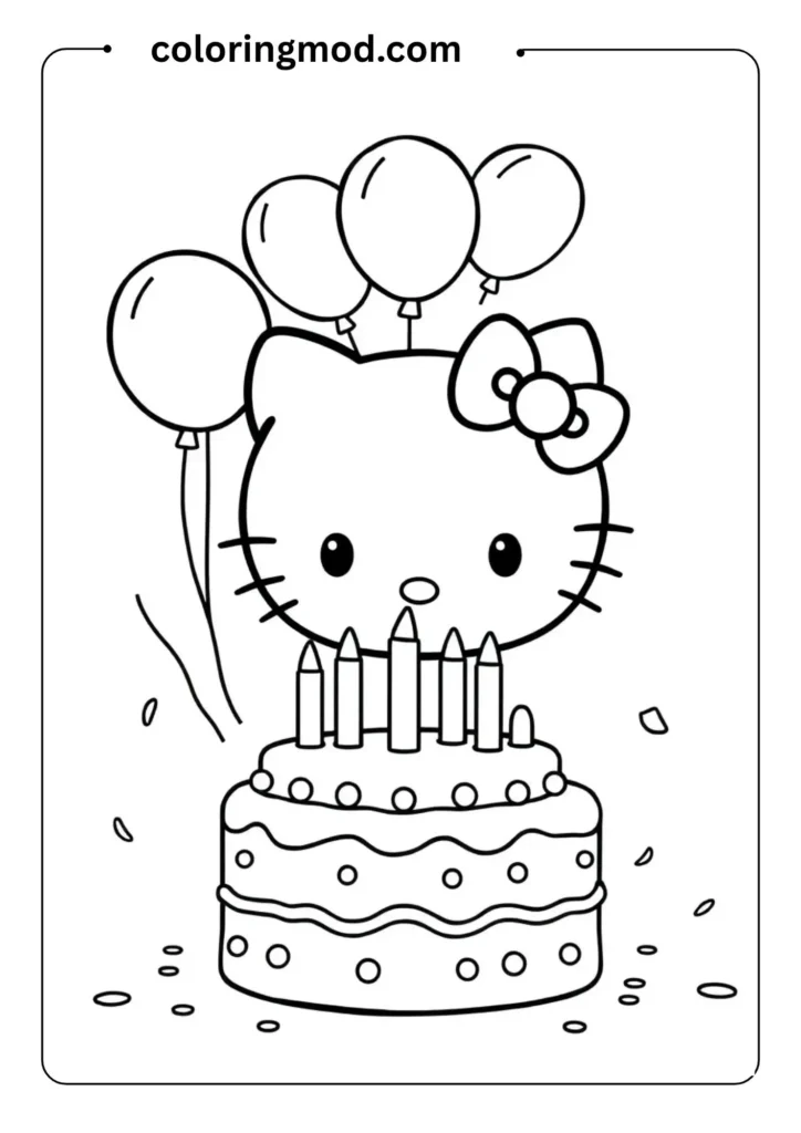 Black and white outline of Hello Kitty smiling with a large birthday cake, balloons,