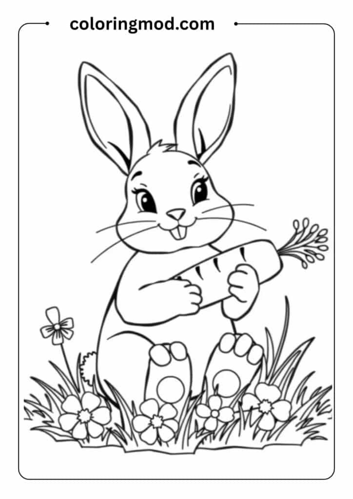 Bunny holding a carrot, sitting on grass with flowers, designed in a bold line style for kids to color easily