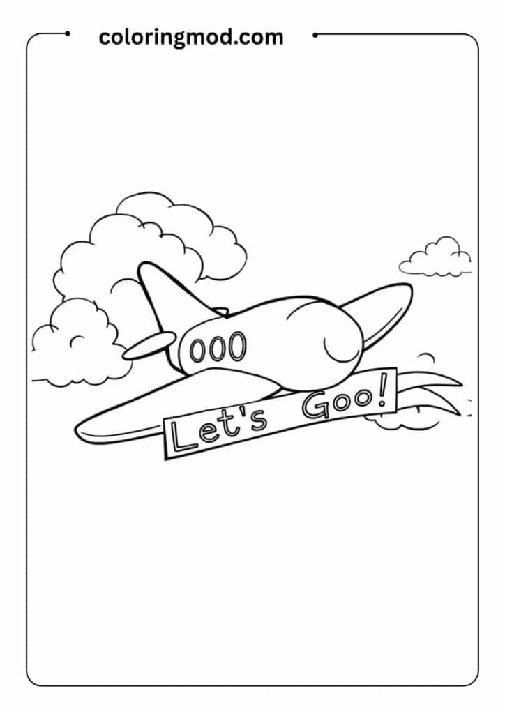 Cartoon airplane flying through clouds with a banner behind it saying 'Let's Go!'