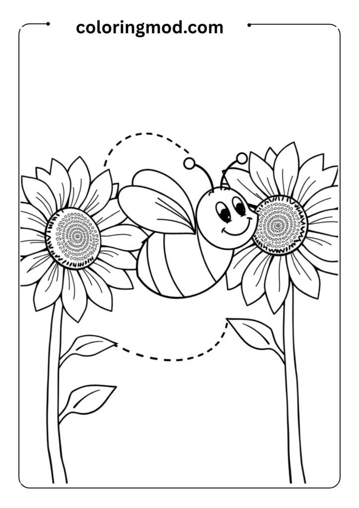 Cartoon bee flying between two smiling sunflowers, with a dotted flight path