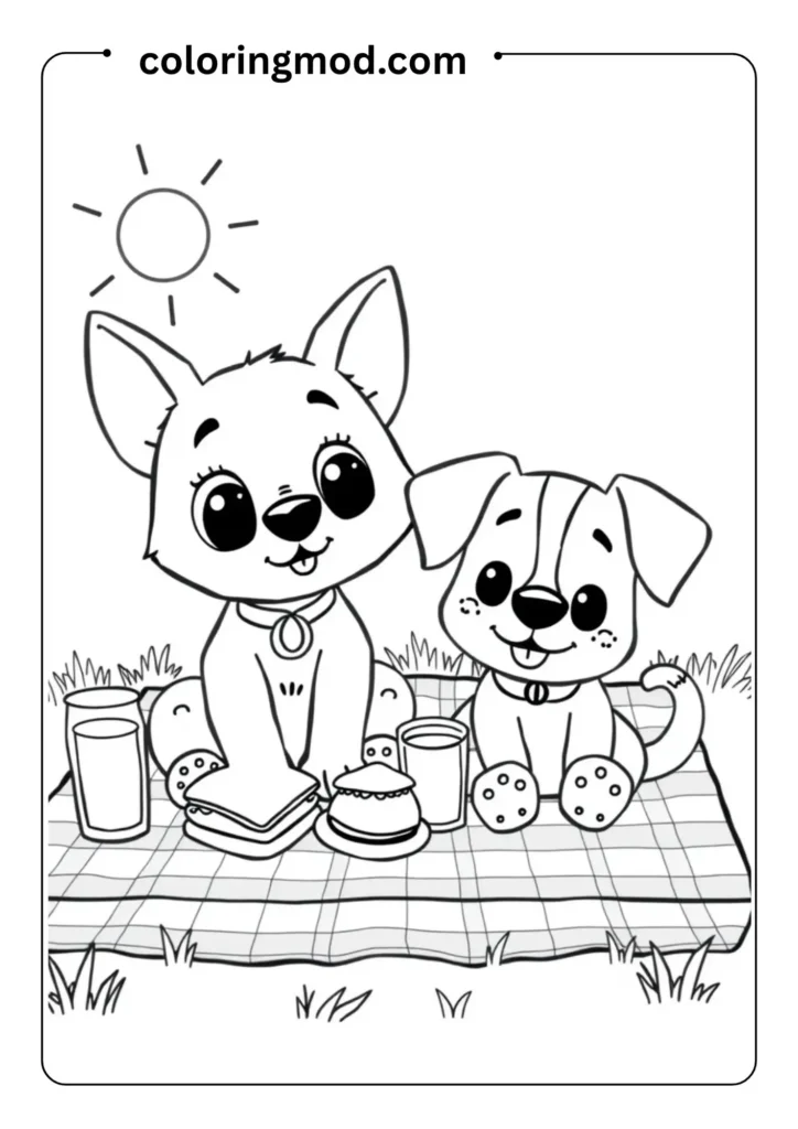 Cartoon cat and dog sitting on a checkered picnic blanket with sandwiches, juice,