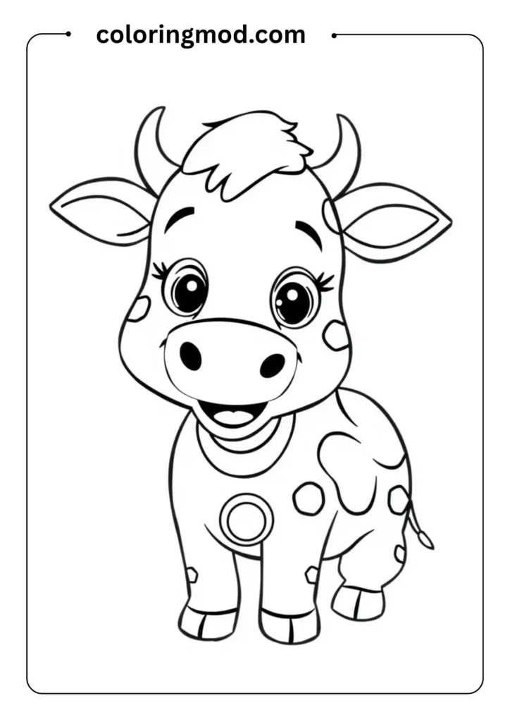 Cartoon cow with spots, a bell collar, and a big friendly smile, in outlined coloring page style for preschoolers