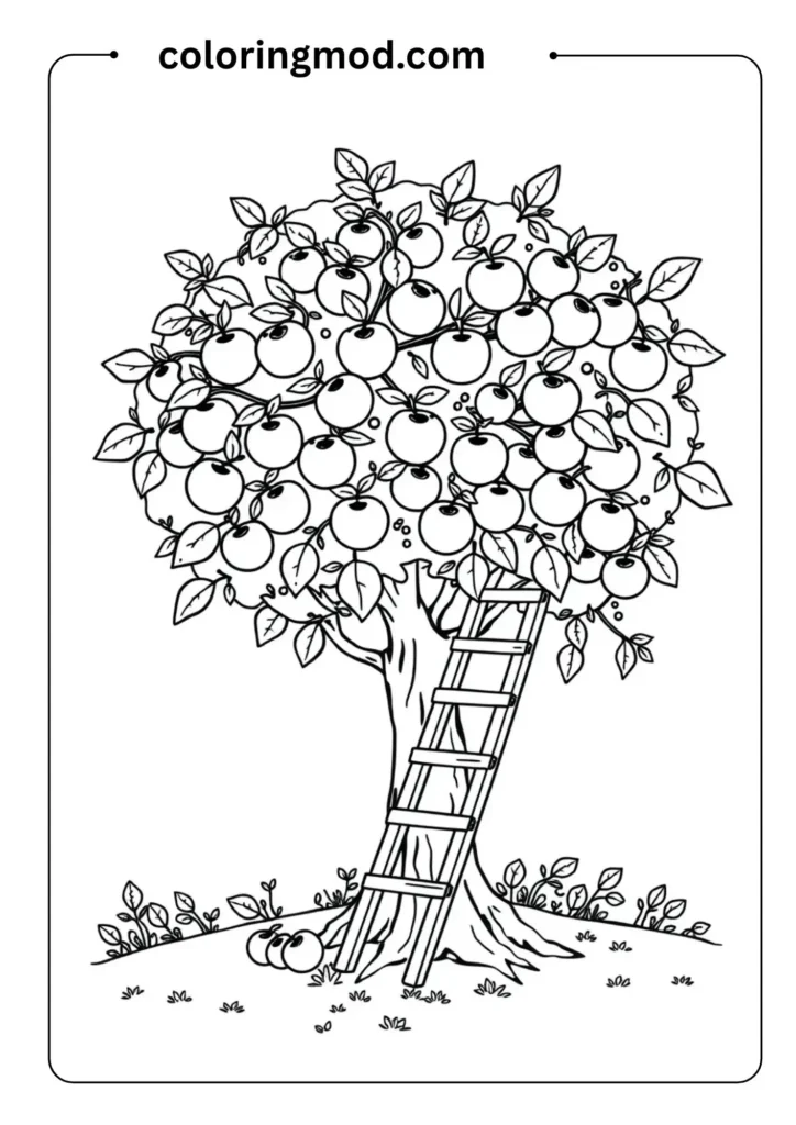 Cartoon-style outlined tree with apples and a ladder leaning against it, designed for kids to
