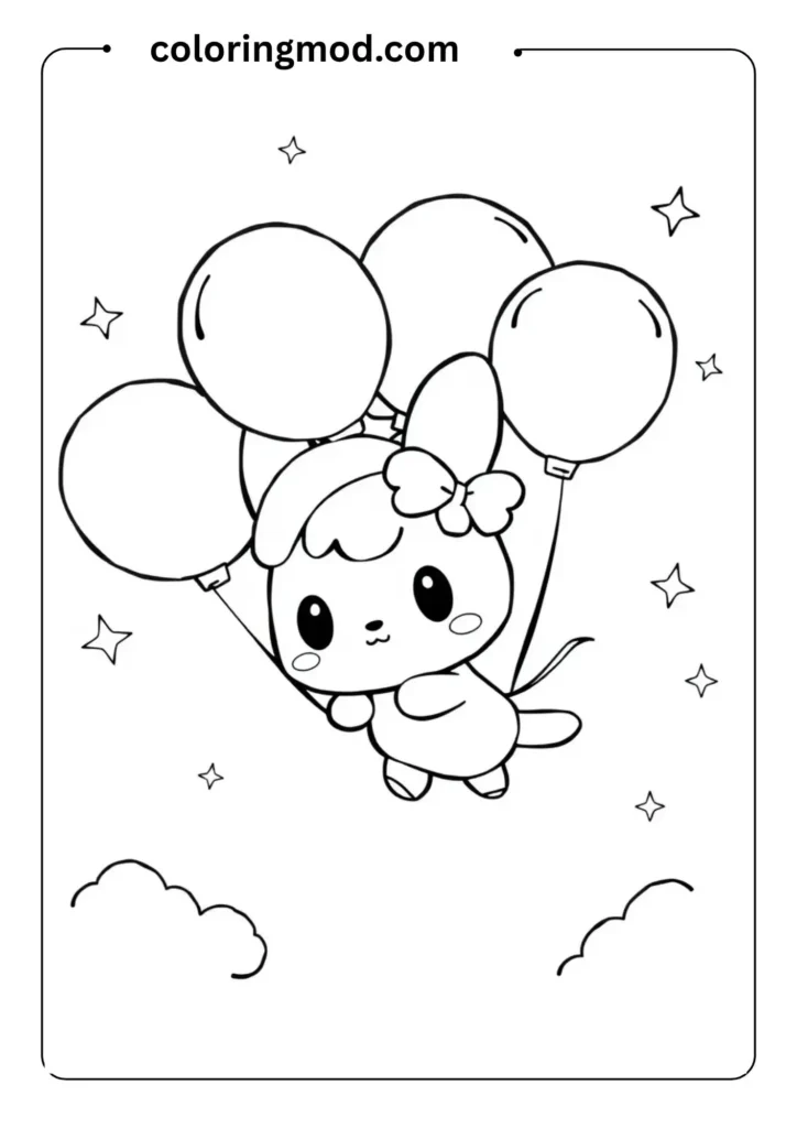 Cinnamoroll flying through the sky with big balloons tied to his back, clouds