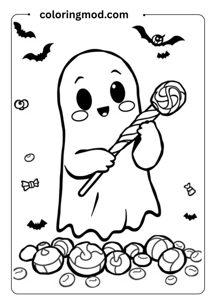Cute Halloween ghost holding a lollipop, outlined with bold lines and surrounded by candy