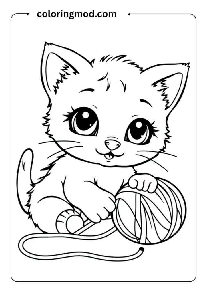 Cute baby kitten playing with a ball of yarn, simple bold lines, big eyes, perfect for preschool coloring pages