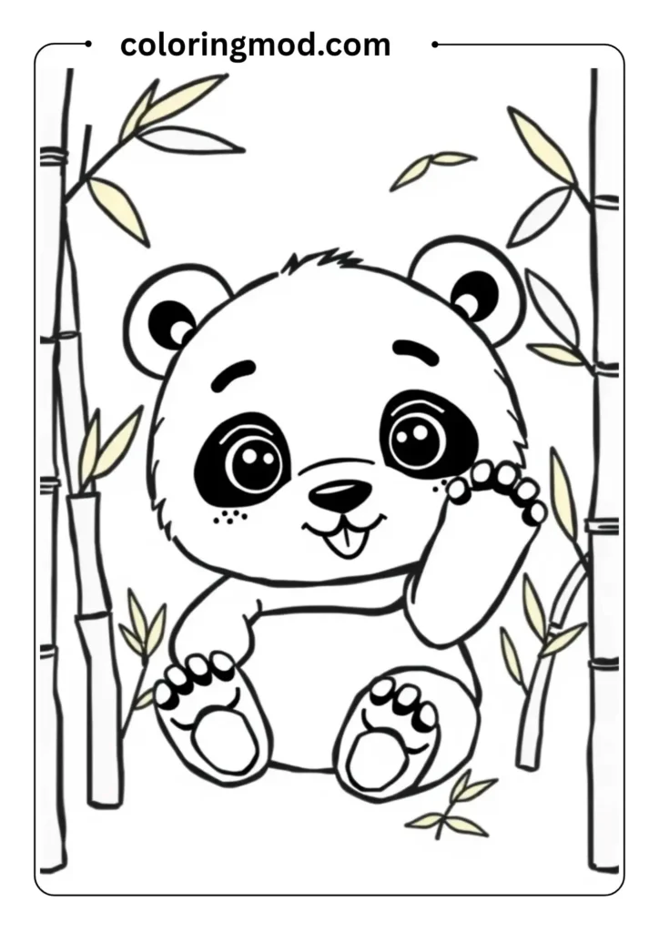 Cute baby panda waving, sitting among bamboo sticks, in a bold line cartoon coloring page aesthetic