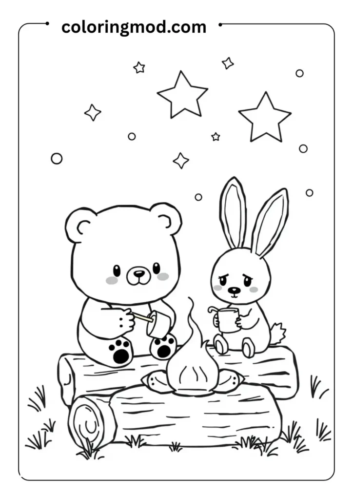 Cute bear and bunny sitting on logs roasting marshmallows under a starry