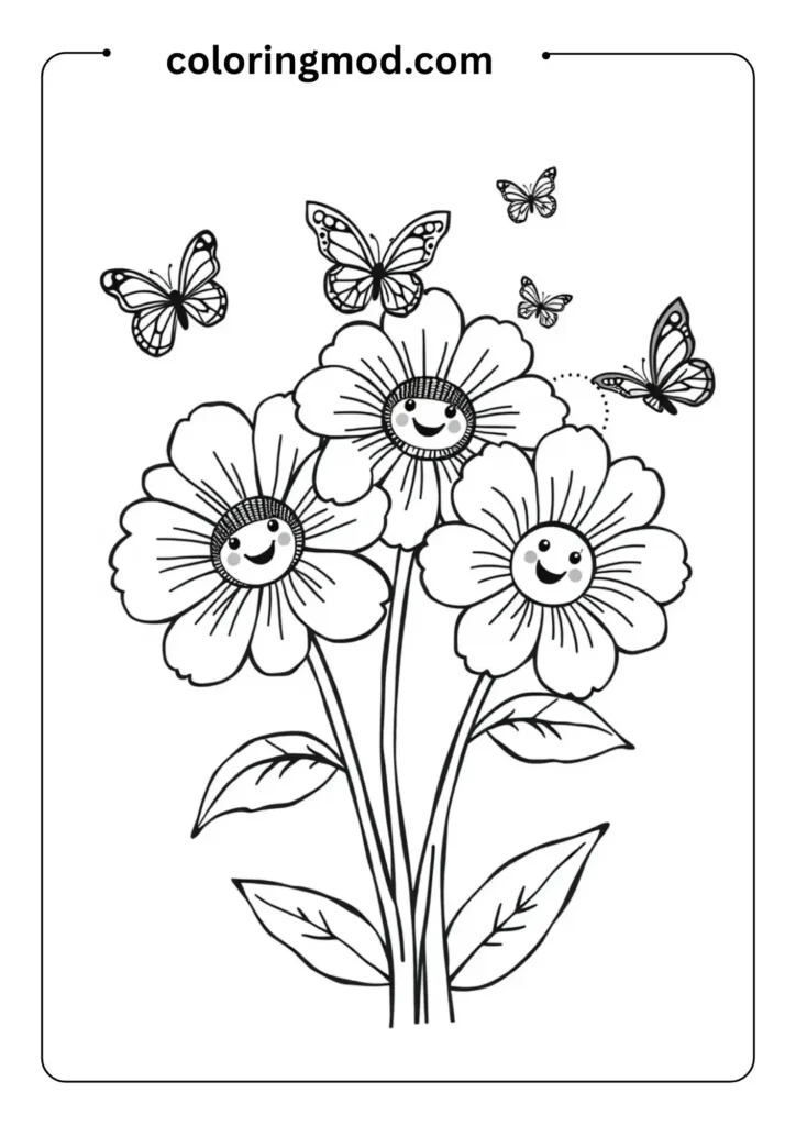 Cute black-and-white flowers with smiling faces and butterflies flying nearby, in bold line art