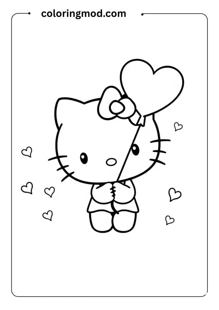 Cute black-and-white outline of Hello Kitty holding a heart-shaped balloon,