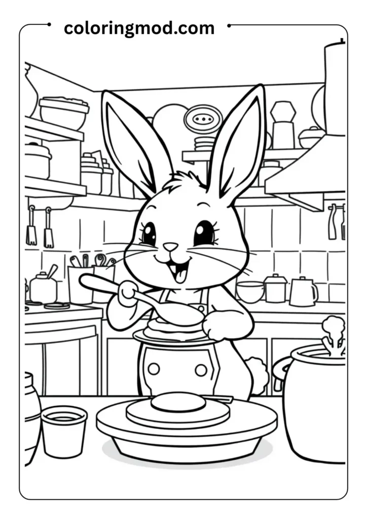 Cute bunny flipping pancakes in a cozy, cluttered kitchen, outlined cartoon style for kids coloring page