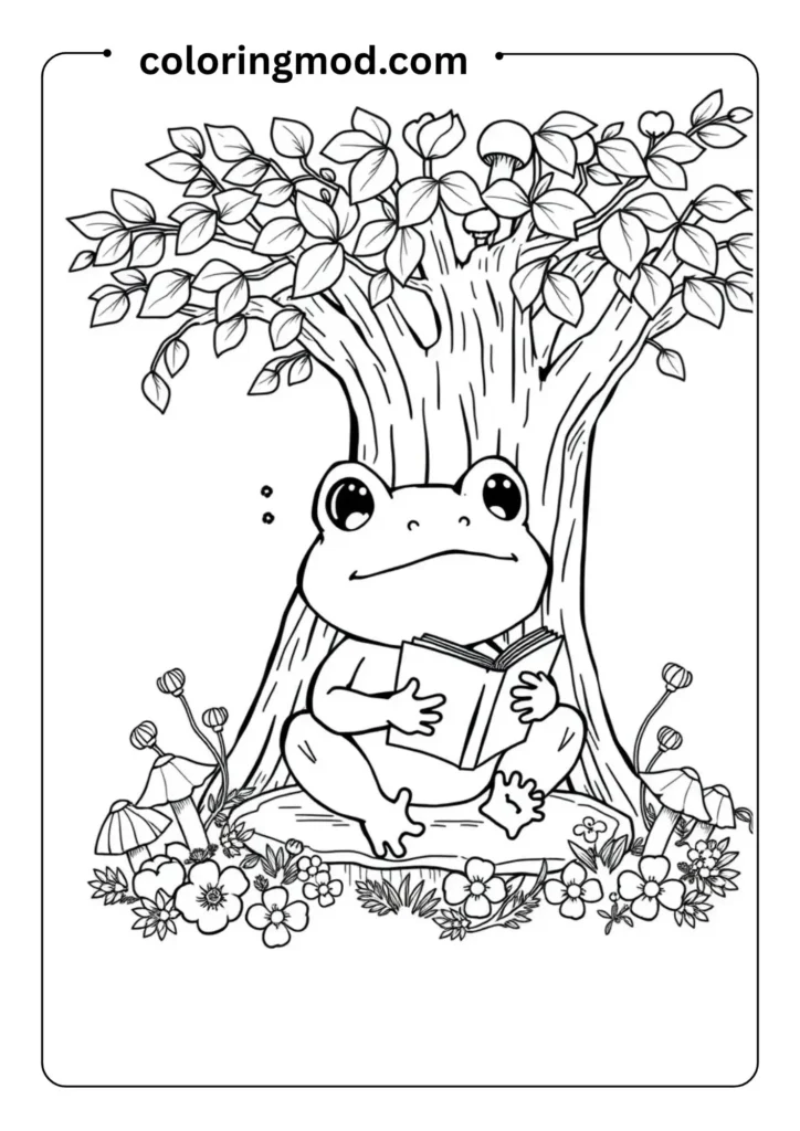 Cute frog sitting under a big tree reading a book, surrounded by flowers and mushrooms