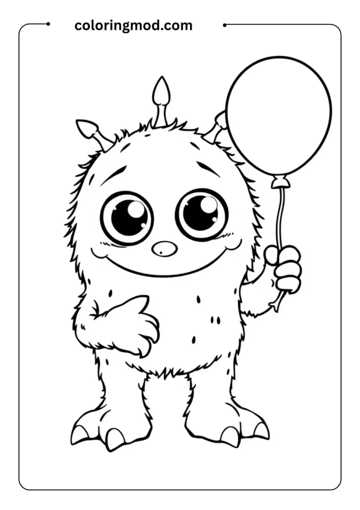 Cute monster with three eyes and big feet, holding a balloon and smiling, in an easy coloring page aesthetic