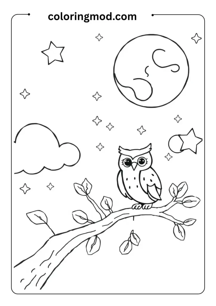 Cute night sky with outlined moon, stars, and an owl on a branch, in simple cartoon style for children