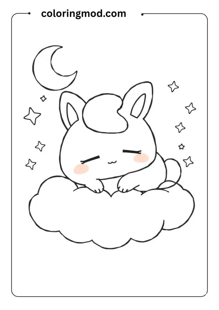 Cute outline of Cinnamoroll sleeping on a fluffy cloud, surrounded by stars and moon,