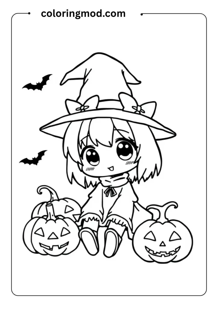 Cute outline of Kuromi wearing a witch hat, sitting beside carved Halloween