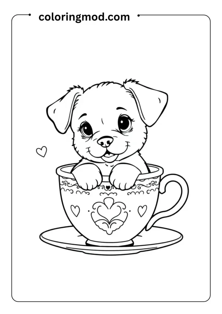 Cute puppy sitting in a teacup, black and white outline for kids to color, cozy Bobbie Goods style