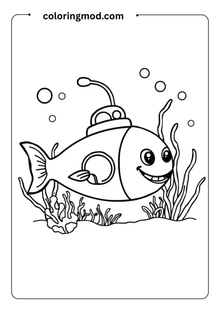 Cute submarine with fish, seaweed, and bubbles surrounding it, drawn in a thick-outline coloring style