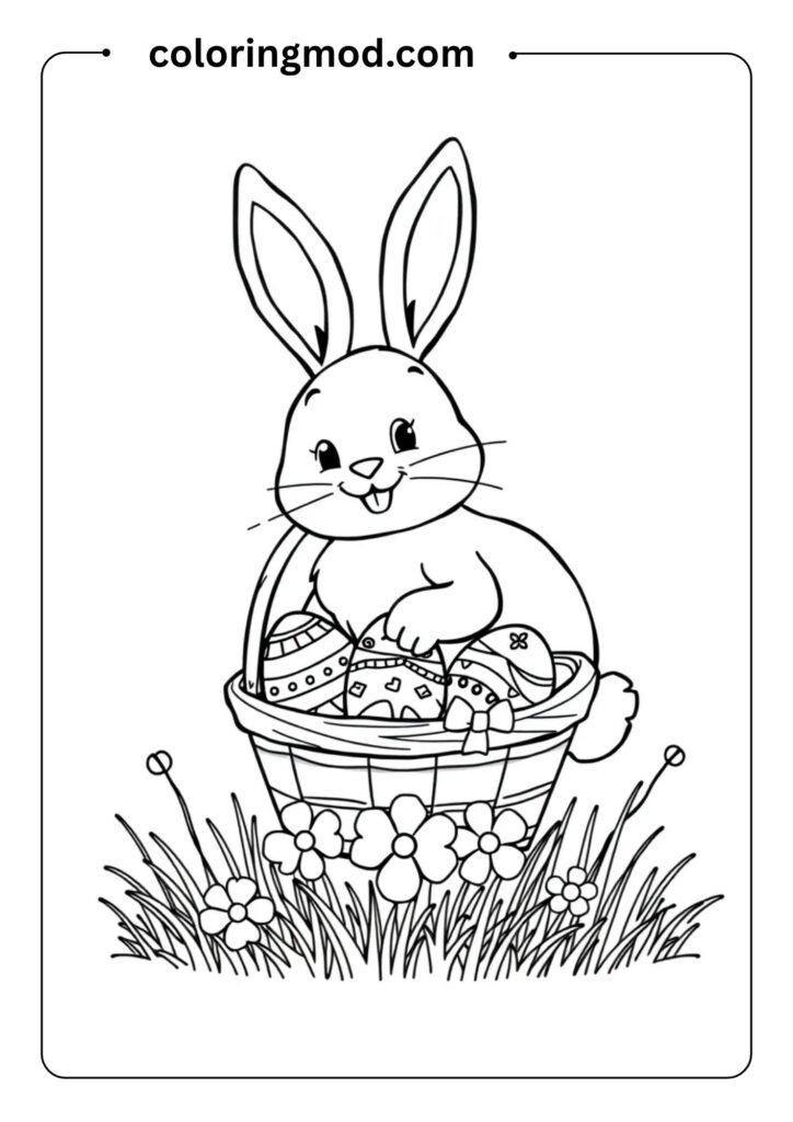 Easter bunny with decorated eggs in a basket, flowers and grass below, outlined in a playful cartoon style