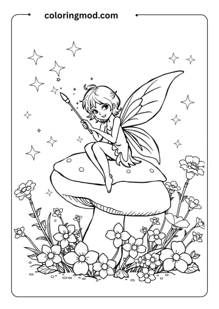 Fairy with wings sitting on a mushroom, holding a magic wand, surrounded by sparkles and flowers