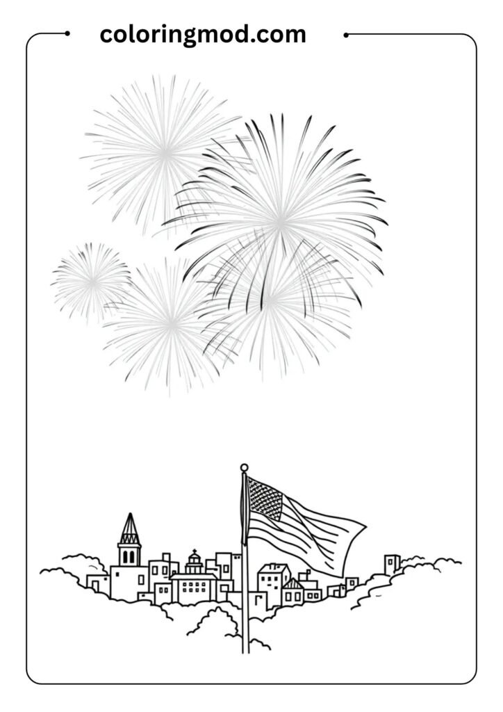 Fireworks above a small town skyline with a waving flag, simple outlines for Fourth of July coloring