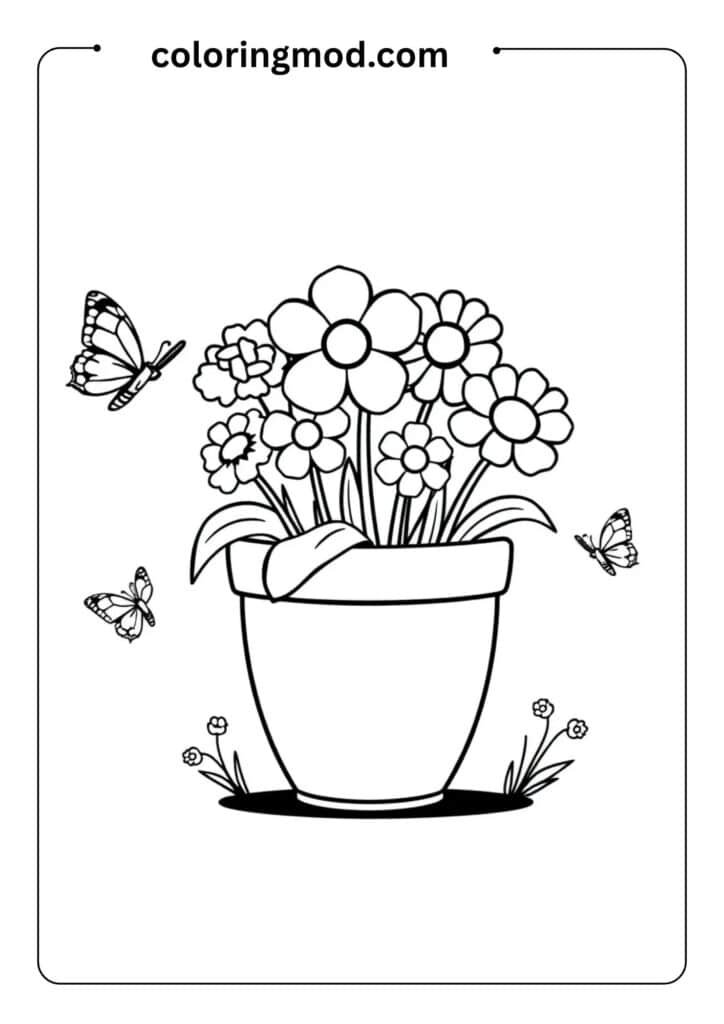 Flower pot with five different flowers, butterflies flying nearby, clean and bold outline style